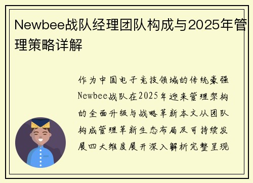 Newbee战队经理团队构成与2025年管理策略详解